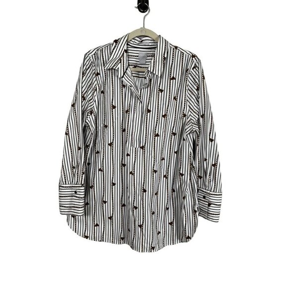 Chicos Striped Top XL White Classic Resort Chain Pattern Preppy Coastal Neutral - Picture 1 of 11